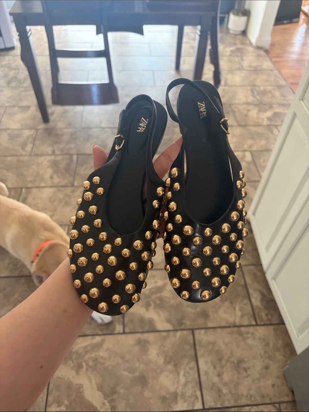 Zara Black Slingback Mules with Gold Stud Detail